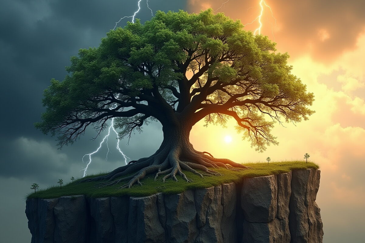 Tree on a cliff with lightning and sunset in the background